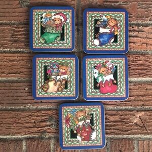 Set of 5 Pimpernel Christmas Stockings Teddy Bears & Toys Cork Back Coasters